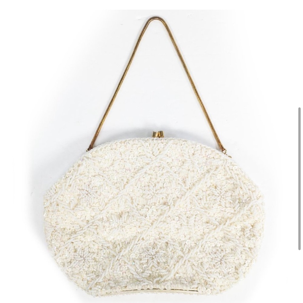Vintage 60s La Regale White Beaded Sequin Evening Bag Purse 8" Frame Cocktail